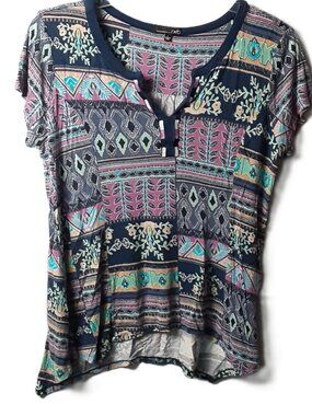 RXB blouse LARGE V-Neck Cap Sleeve Peasant Hippie Rayon Asymmetrical Hem